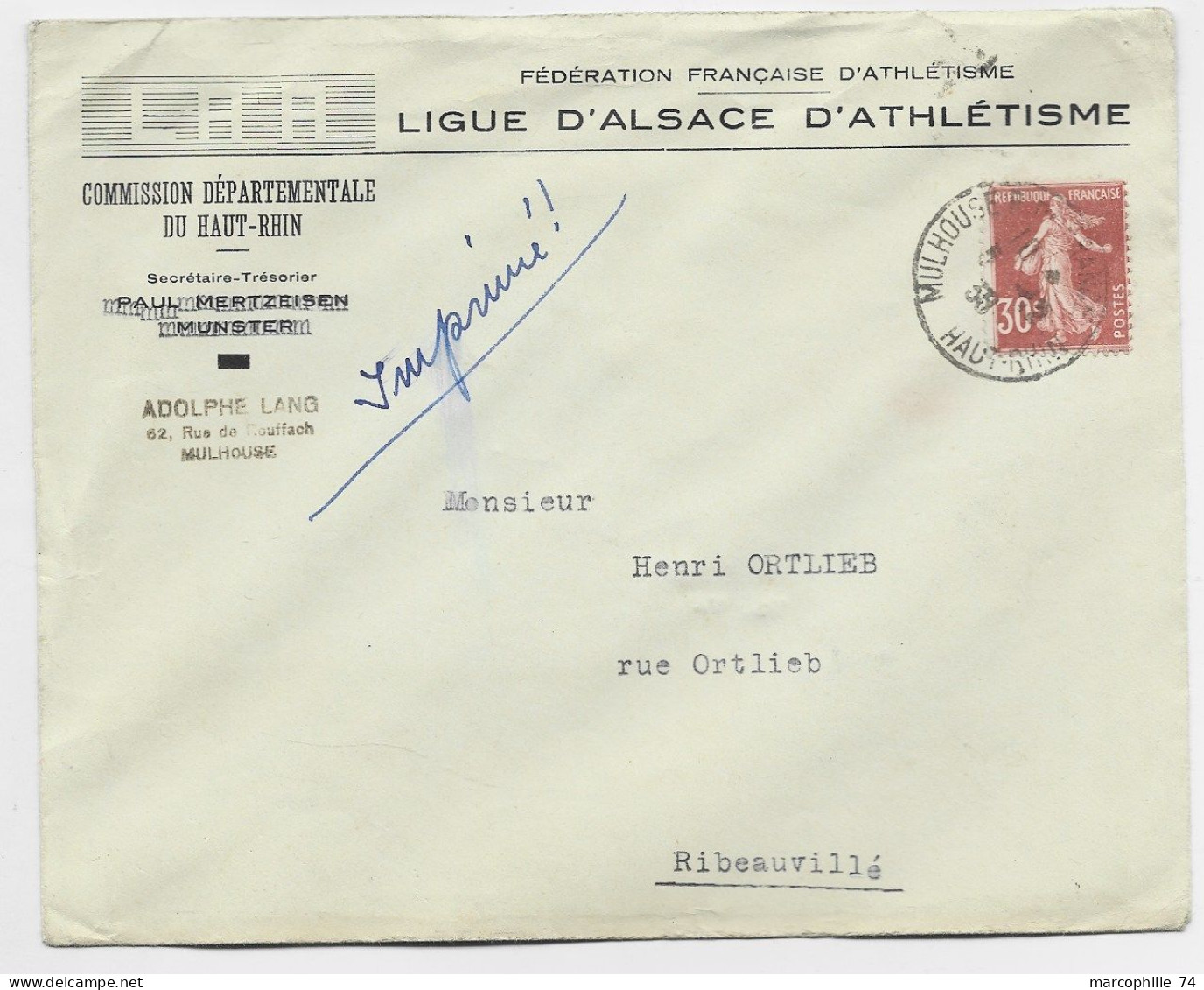 FRANCE SEMEUSE 30C LETTRE COVER ENTETE LIGUE ALSACE D' ATHLETISME MULHOUSE 1938 HAUT RHIN - Leichtathletik