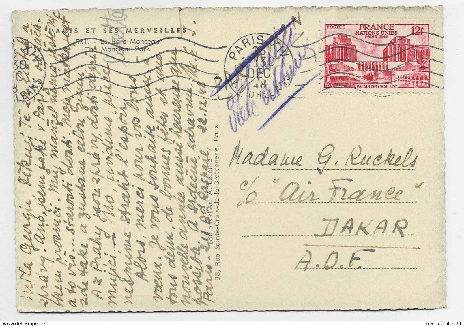 FRANCE 12FR NATIONS UNIES SEUL CARTE PARIS 25 DEC 1948 POUR DAKAR SENEGAL - 1921-1960: Periodo Moderno