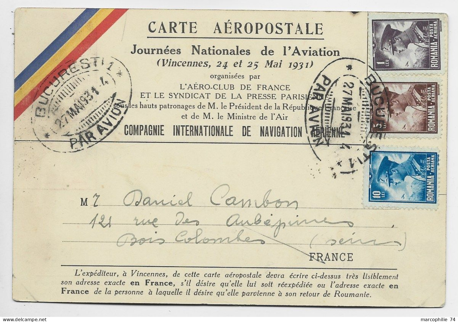 ROMANIA CARTE AEROPOSTALE JOURNEE AVIAION BUCURESTI PAR AVION 1931 TO FRANCE PA 1FR50+90C + VIGNETTE - Lettres & Documents