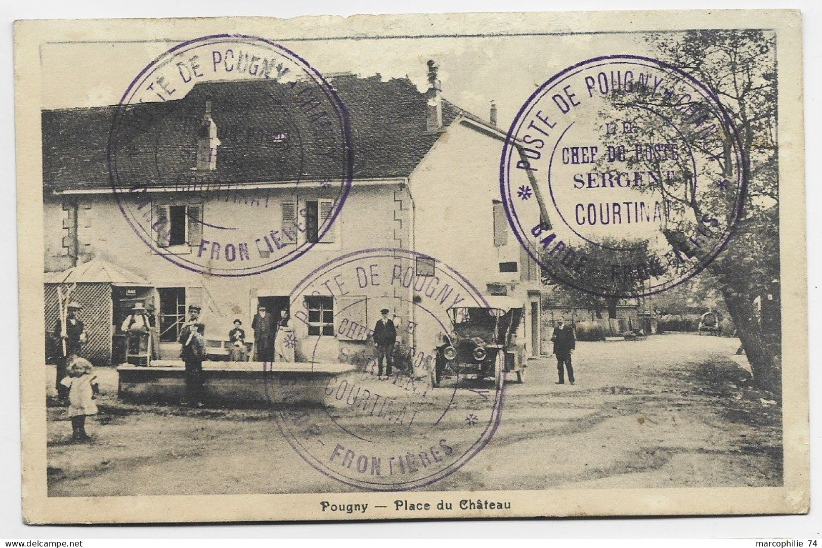 POUGNY AIN CARTE PLACE DU CHATEAU + CACHET VIOLET POSTE DE POUGNY GARDE FRONTIERE 1915 LE CHEF DE POSTE SERGENT B/TB - 1. Weltkrieg 1914-1918