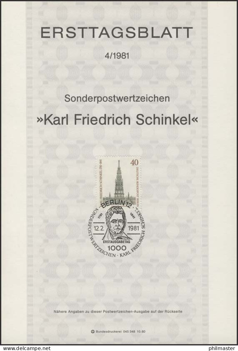 ETB 04/1981 Karl Friedrich Schinkel, Baumeister - 1st Day – FDC (sheets)