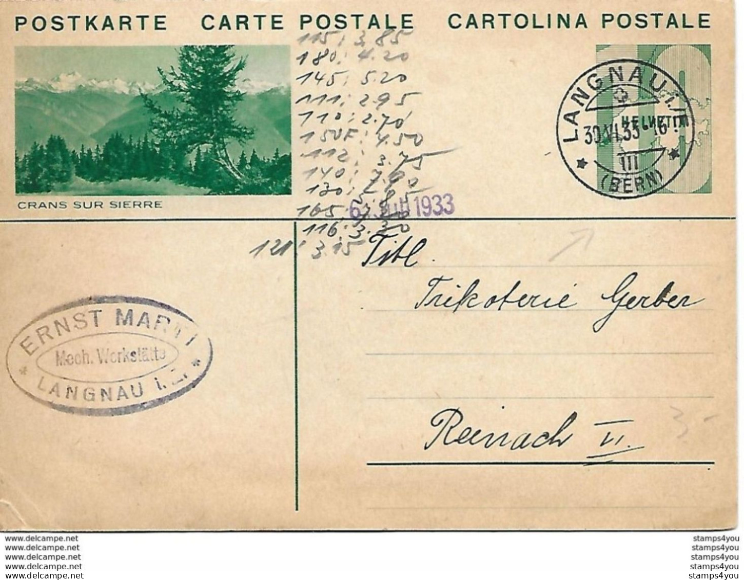 164 - 8 - Entier Postal Avec Illustration "Crans Sur Sierre" Superbe Cachet à Date Langnau 1933 - Stamped Stationery