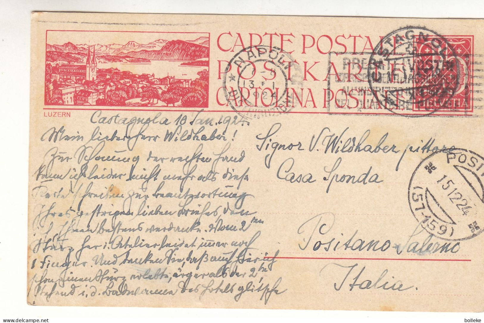 Suisse - Carte Postale De 1924 - Oblit Castagnola - Exp Vers Positano Salermo - Cachet De Napoli - - Lettres & Documents