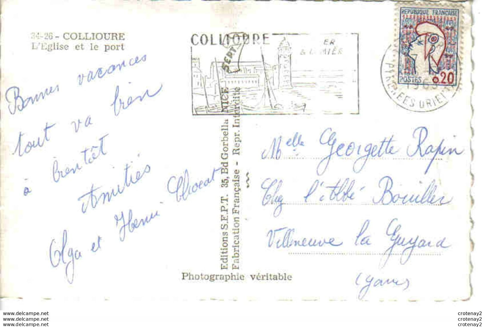 66 COLLIOURE N°34 26 L'Eglise Et Le Port Bateaux De Pêche BOBY ? BAR VOIR DOS Et Flamme En 1963 - Collioure