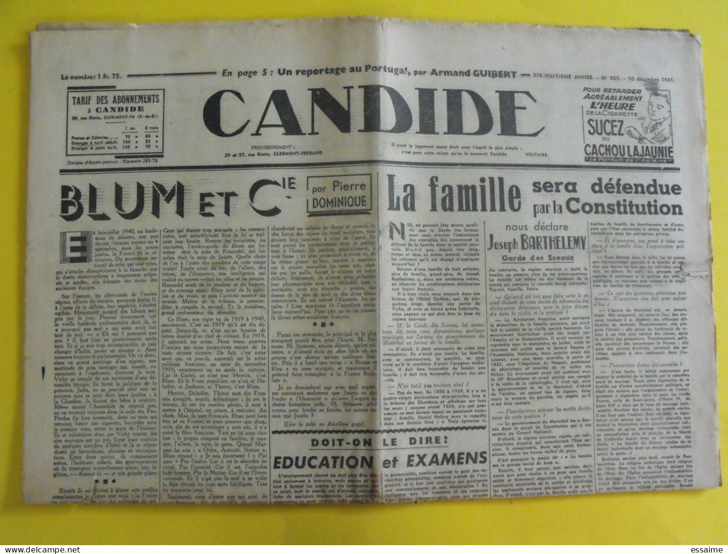 Journal Candide Du 10 Décembre 1941. Collaboration Antisémite Blum Sennep Daudet Tharaud Barthelemy Dominique - Other & Unclassified