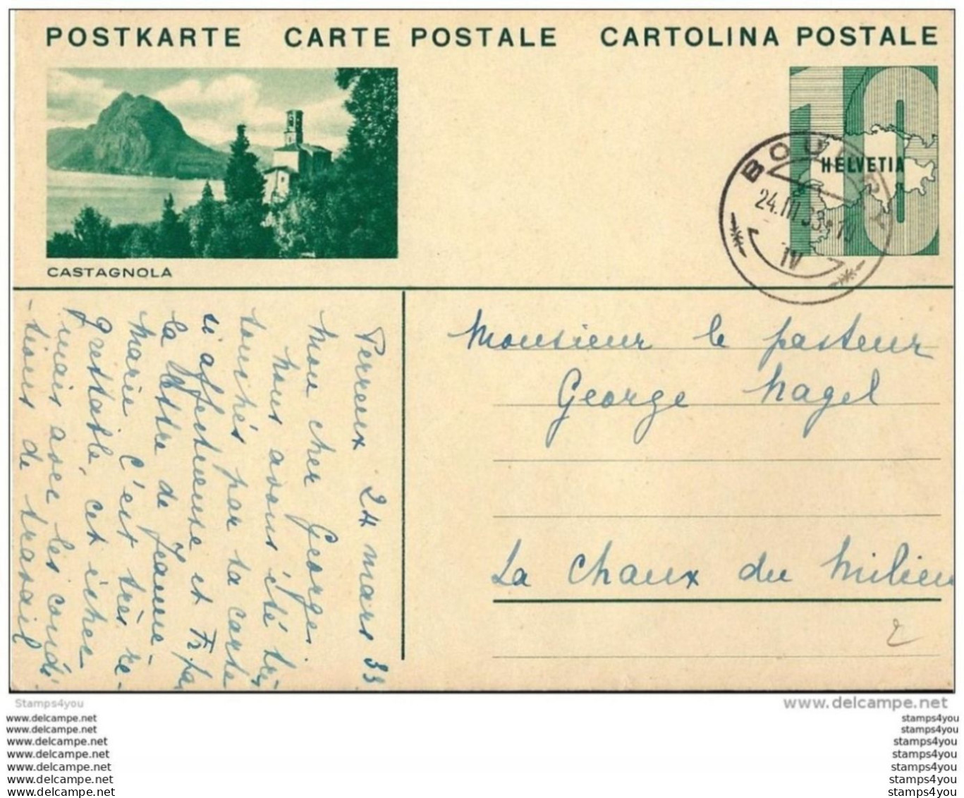 27-4 - Entier Postal Avec Illustration "Castagnla" Cachet à Date De Boudry 1933 - Stamped Stationery