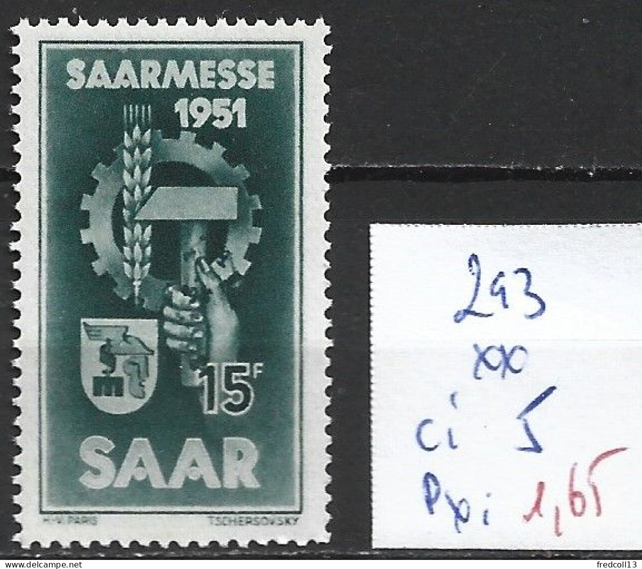 SARRE 293 ** Côte 5 € - Unused Stamps