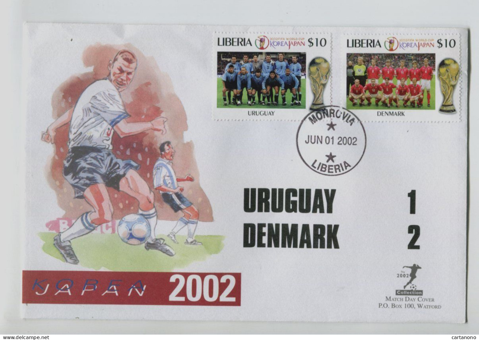 FOOTBALL - LIBERIA - Affranchissement Sur Enveloppe 1er Jour - Match Uruguay Danemark - 2002 – Zuid-Korea / Japan