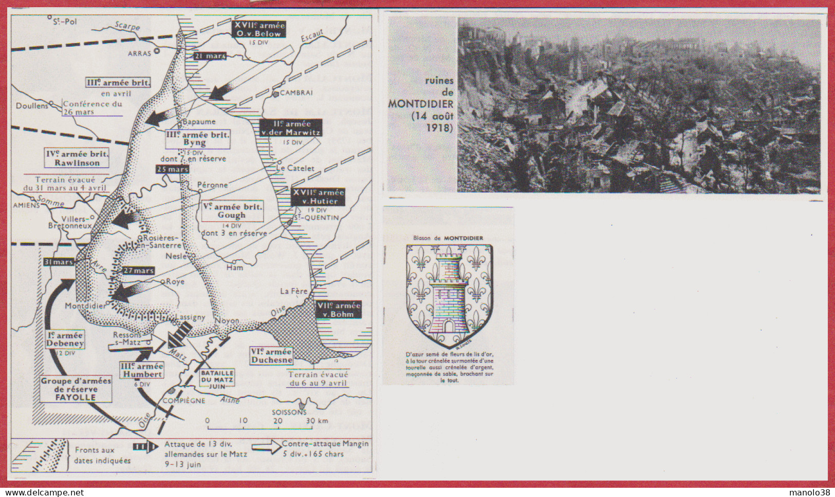 Montdidier. Offensive Allemande En 1918. Ruines De Montdidier En 1918. Blason. Première Guerre Mondiale. Larousse 1960. - Historische Dokumente