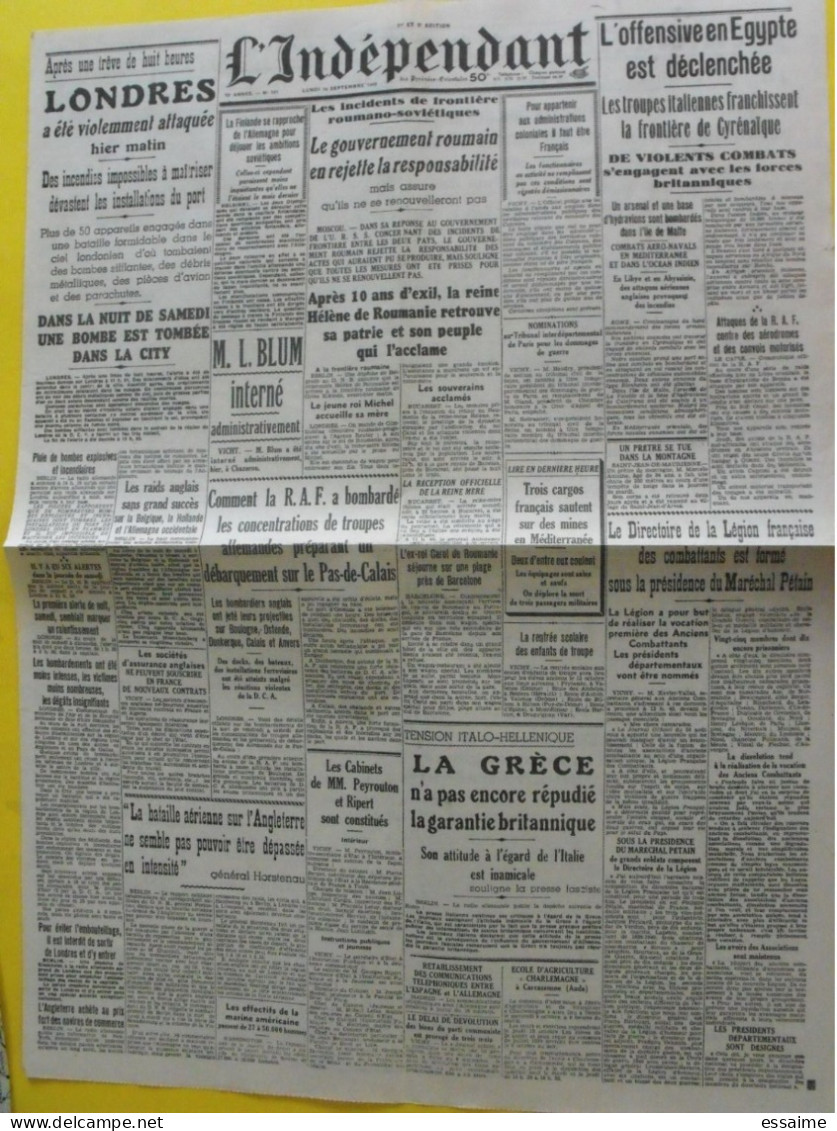 Journal L'Indépendant Du 16 Septembre 1940. Egypte Londres Finlande Blum Interné LVF Légion Française Roumanie - Autres & Non Classés