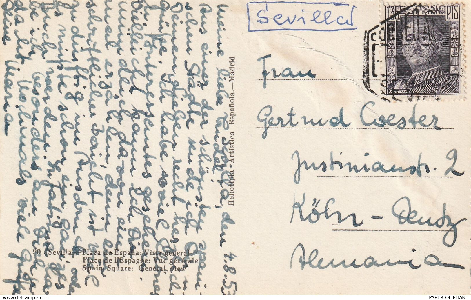 ESPANA - 1953, Michel 937 B, Franco 1,35 Pts., Ak - Einzelfrankatur Sevilla - Köln - Lettres & Documents