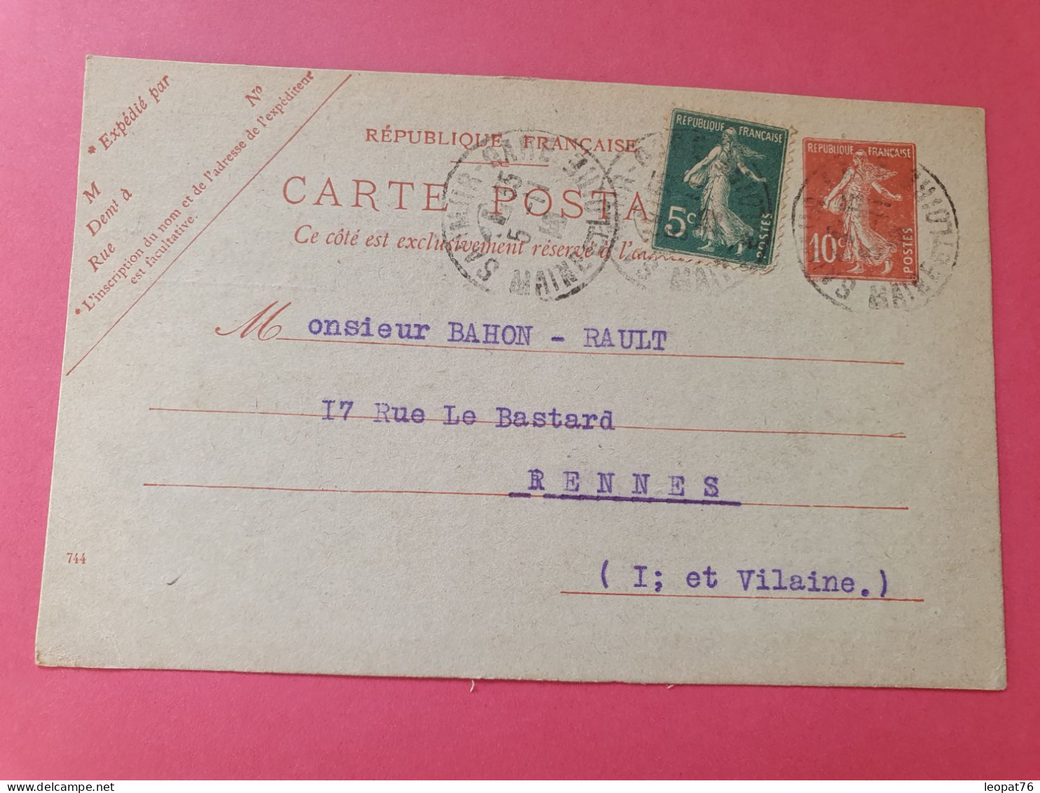 Entier Postal Semeuse Avec Repiquage Commercial De Saumur Pour Rennes En 1919  - Réf 3521 - Bijgewerkte Postkaarten  (voor 1995)