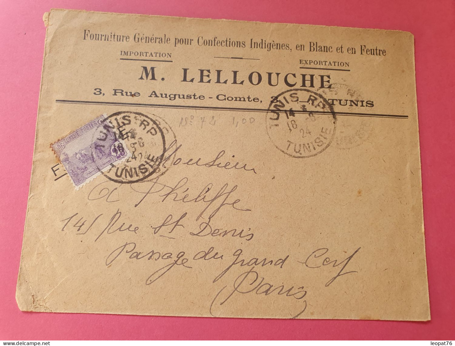 Tunisie - Enveloppe Commerciale De Tunis Pour Paris En 1924  - Réf 3524 - Lettres & Documents