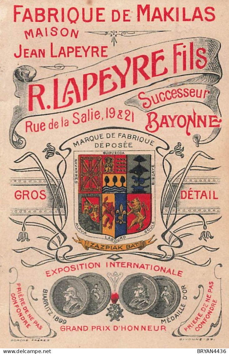 64 - BAYONNE - FABRIQUE DE MAKILA - CANES - "LAPEYRE" - RUE De La SALIE - PETIT CARENTE ILLUSTRE ANCIEN - 1890 - 9x12cm - Bayonne