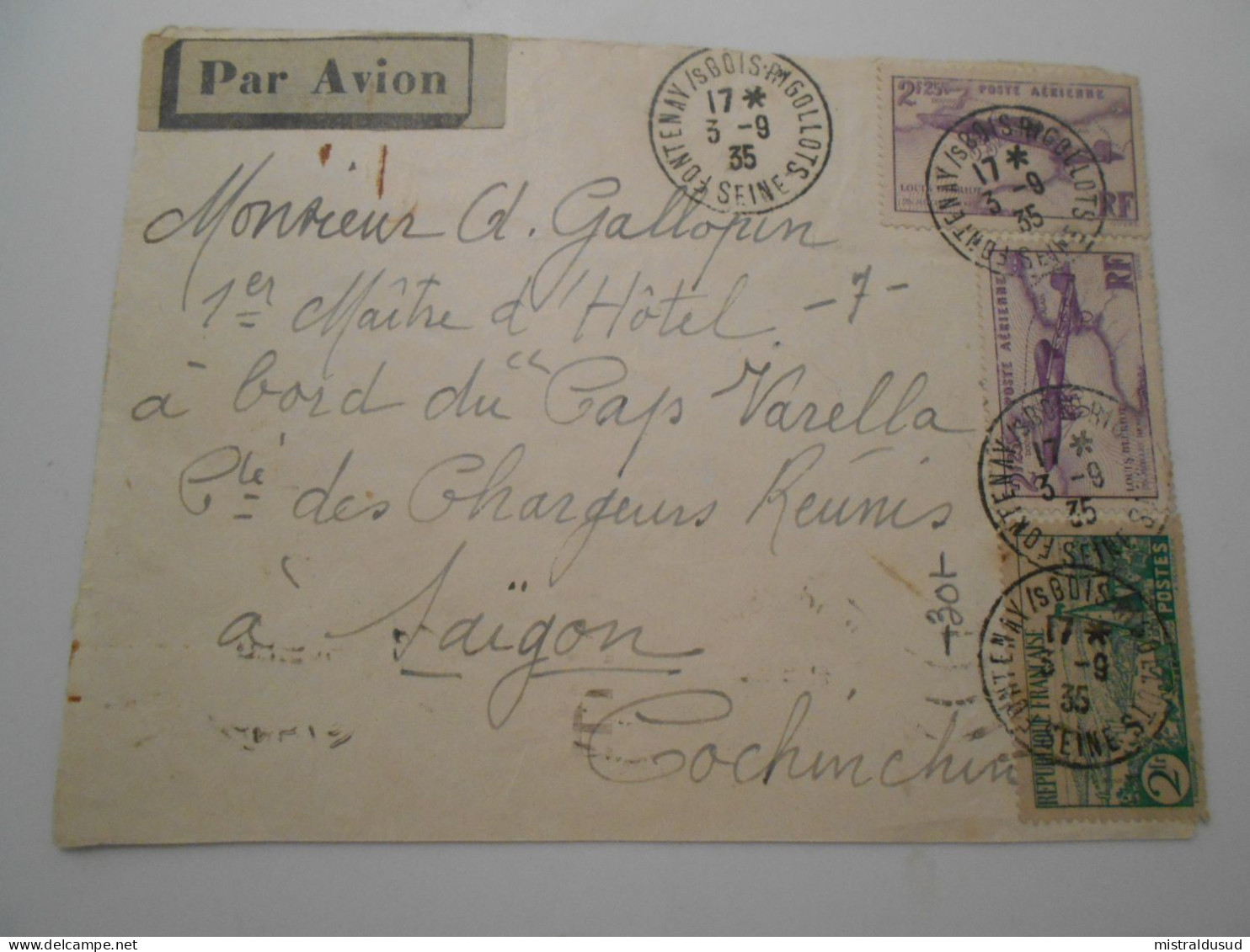 France Poste Aerienne ,devant De Lettre De Fontenay/s Bois 1935 Pour Saigon - 1927-1959 Lettres & Documents