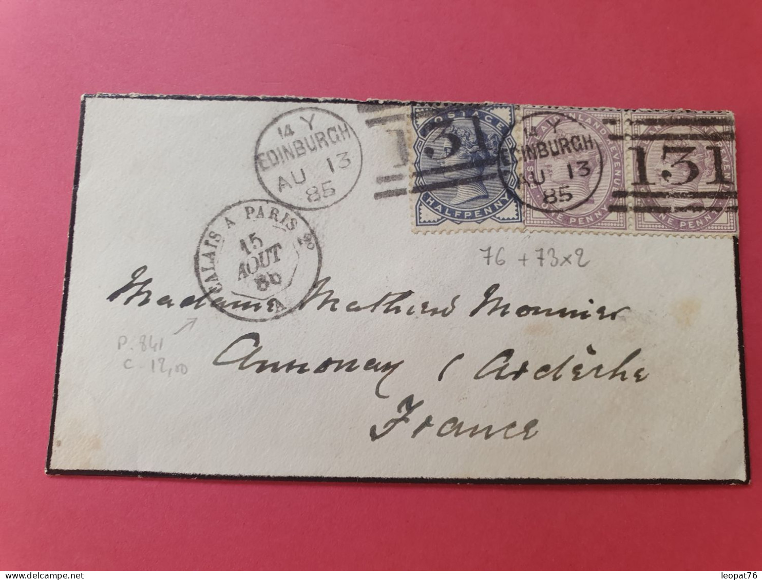 Grande Bretagne - Enveloppe De Edinburgh Pour La France En 1885 Via Calais - Réf 3543 - Briefe U. Dokumente