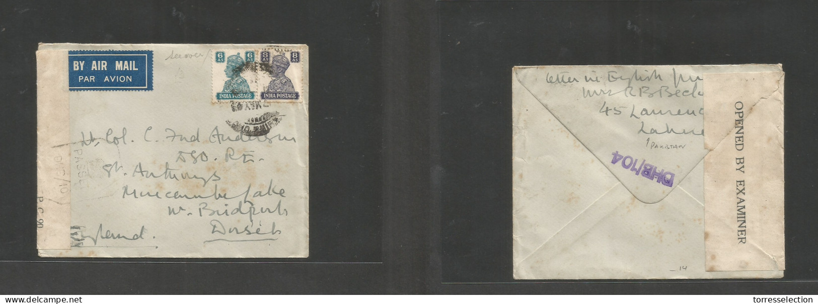 BC - Pakistan. 1943 (17 May) Lahore - England, Dorset, Maccembre Lake. Air Multifkd India Stamps At 14a Rate Envelope. D - Otros & Sin Clasificación