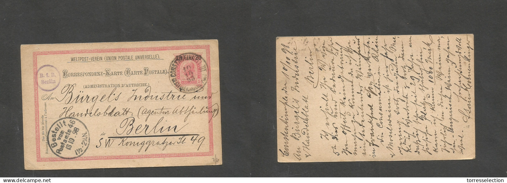 AUSTRIAN Levant. 1898 (10 Oct) Constantinople - Germany, Berlin (13 Oct) 20p Ovptd 54 Red Stat Card. SALE. - Other & Unclassified