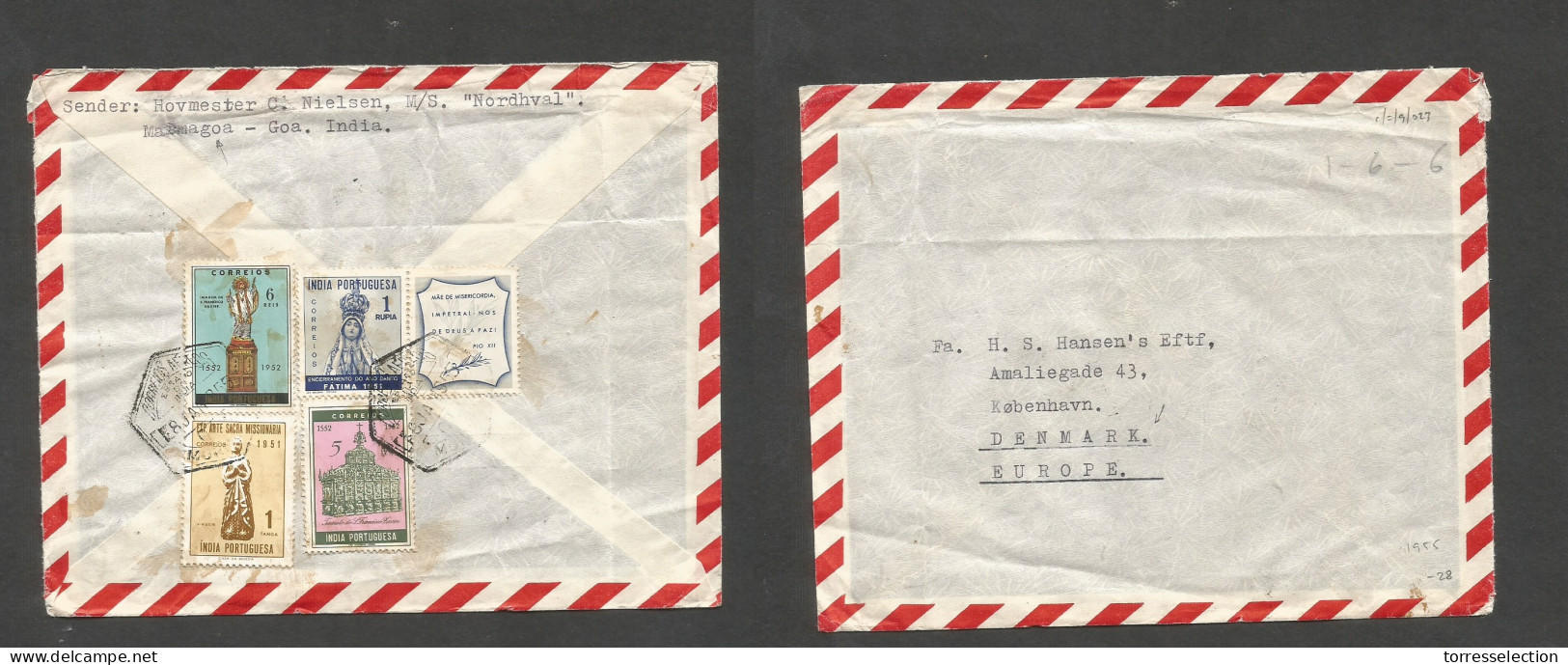 PORTUGAL-INDIA. 1955 (8 Jan) Mormugao - Denmark, Cph. Reverse Air Multifkd Envelope, Mixed Usage. Fine. SALE. - Autres & Non Classés