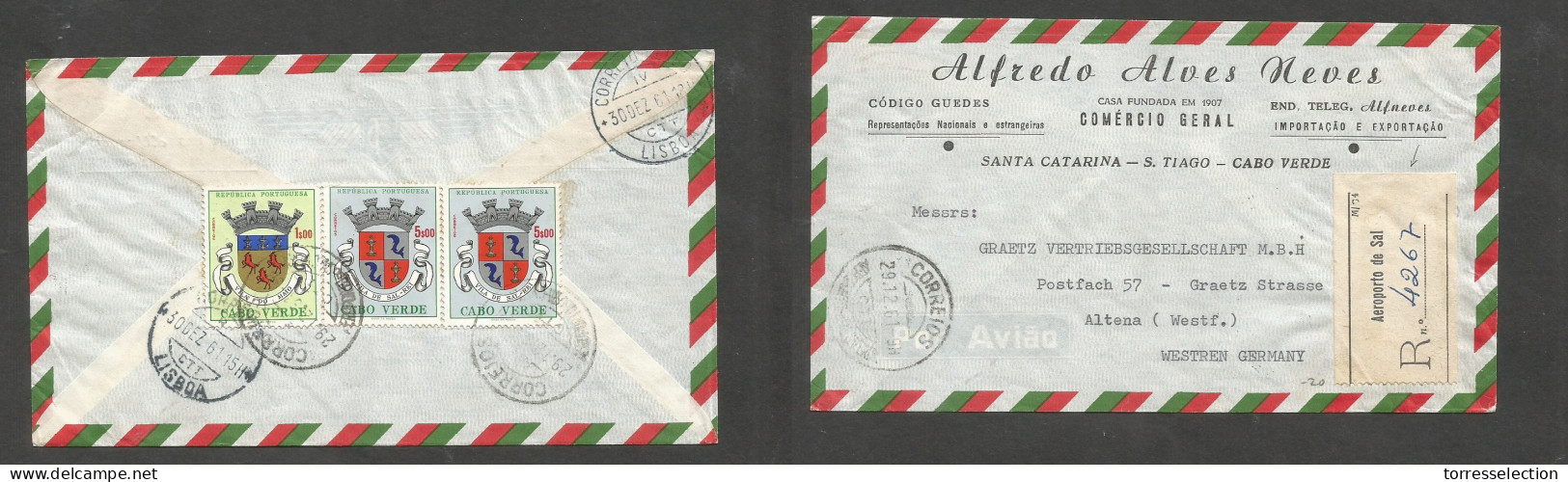 PORTUGAL-CABO VERDE. 1961 (29 Dec) Aeroporto De Sal - West Germany, Altena, Westfalen. Registered Reverse Air Multifkd E - Autres & Non Classés