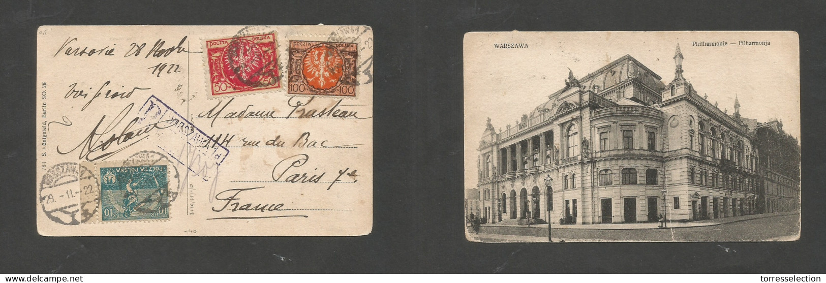 POLAND. 1922 (29 Nov) Warsaw - France, Paris. Registered Multifkd Postcard At 160m Rate, Cds + R-cachet. SALE. - Other & Unclassified