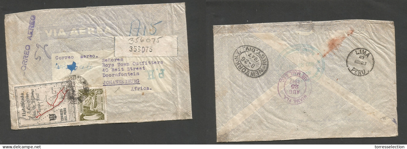PERU. 1947 (23 Aug) Lima - South Africa, Joburg Via Miami - NYC. Registered Air Multifkd Envelope At 0,95 Sol Rate. Fine - Perù