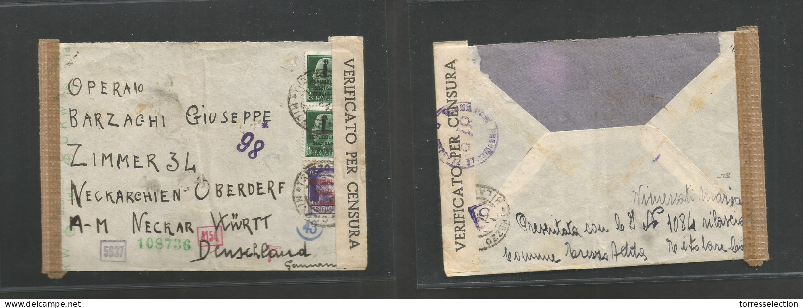 Italy - XX. 1944 (8 Apr) RSI, Milano - Germany, Neckar. Multifkd Dual Censored Envelope. Fine + Doble Ovpts. SALE. - Non Classés
