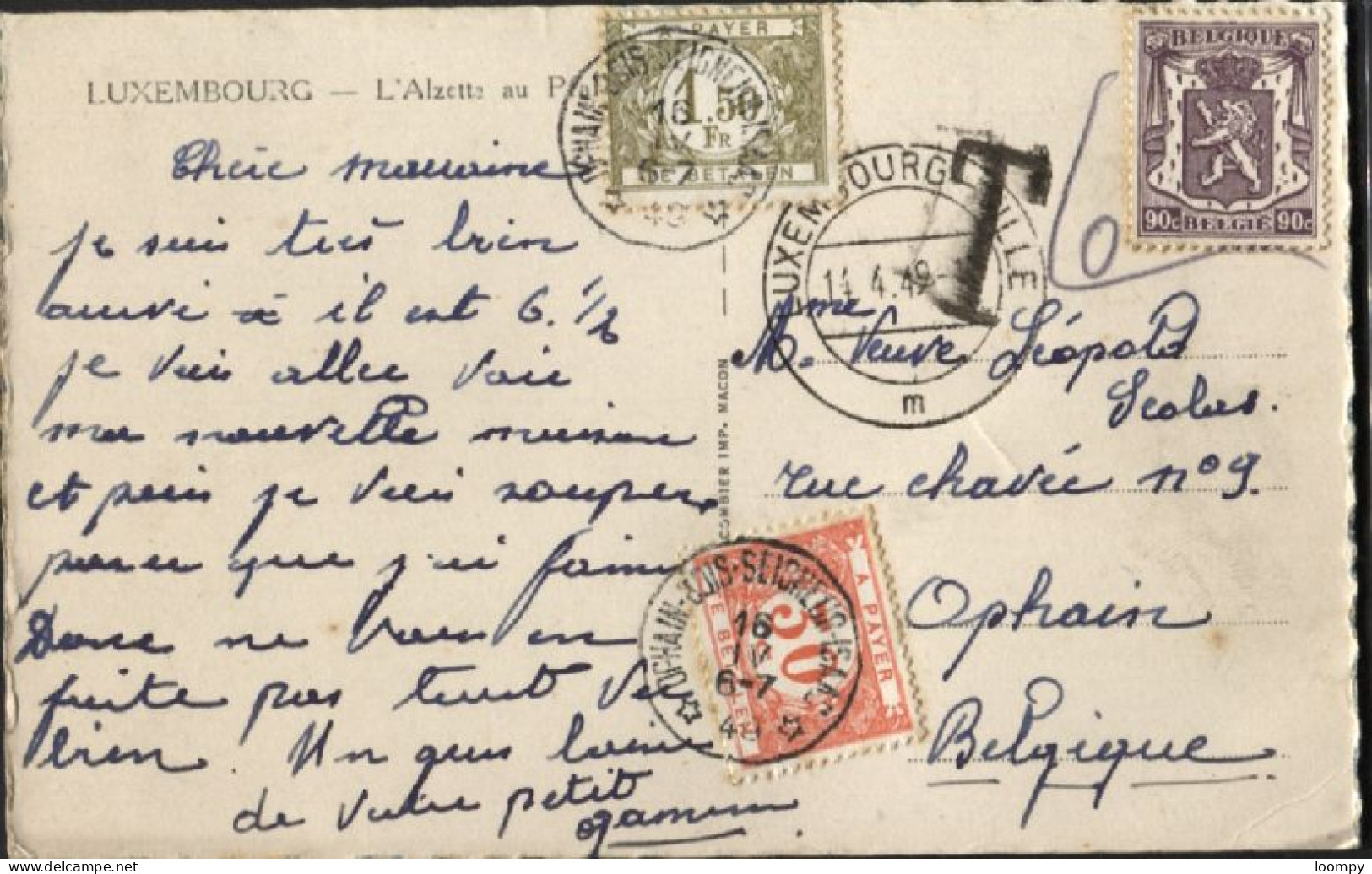 RELAIS - TAxe 30c+1.50fr Obl. OPHAIN-BOIS-SEIGNEUR-ISAAC S/CP Affr. TP Belge 714 Non Valable LUXEMBOURG 1949 - Cachets à étoiles