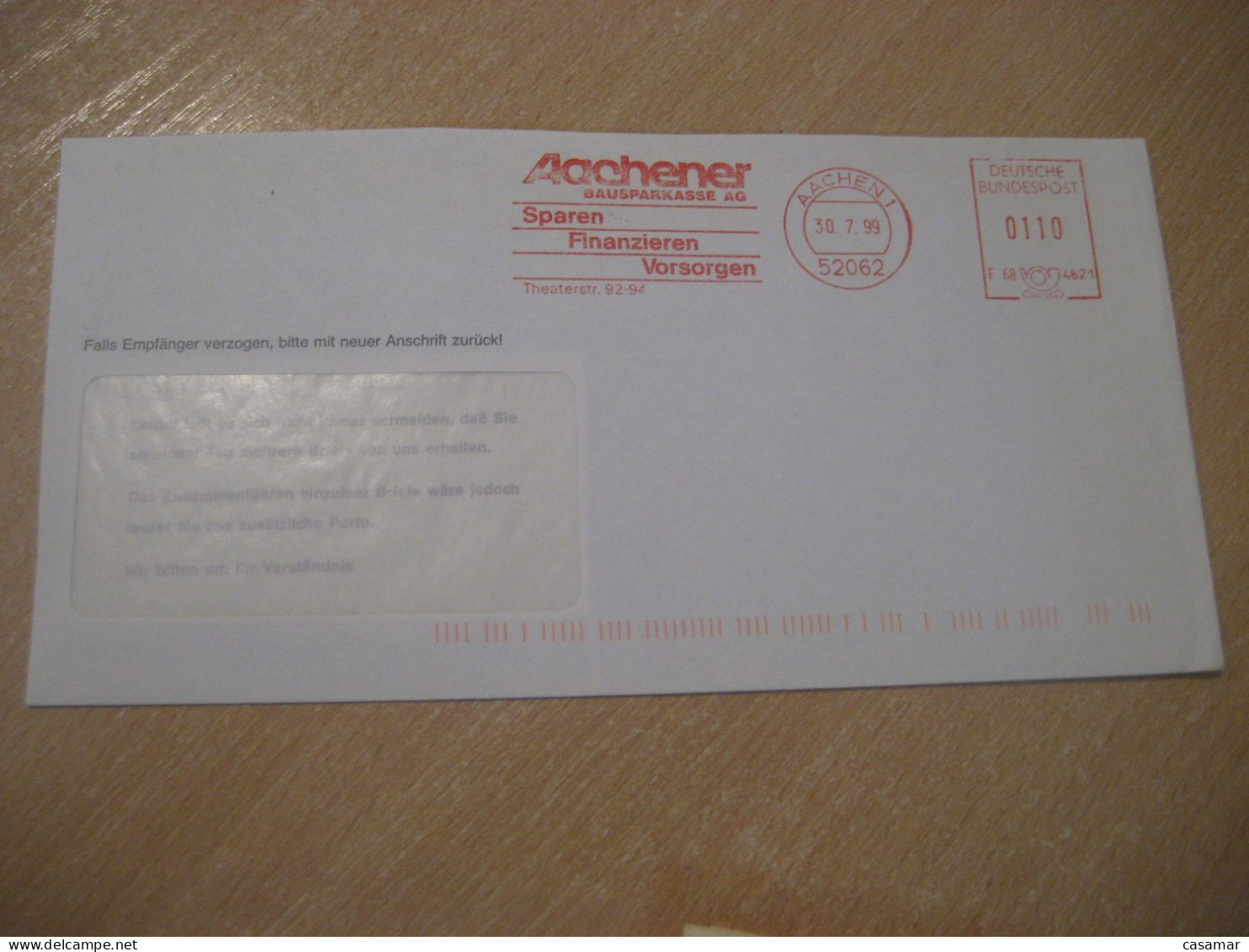 AACHEN 1999 Aachener Building Society Meter Mail Cancel Cover GERMANY - Briefe U. Dokumente