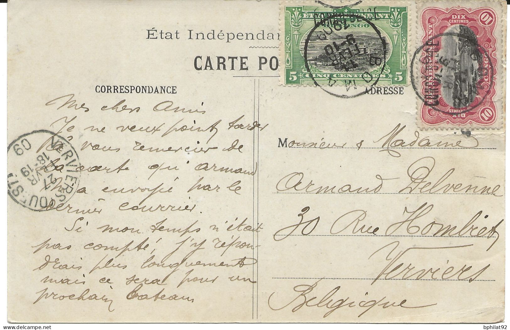 !!! CONGO, CPA DE 1909, DÉPART DE BOMA POUR VERVIERS (BELGIQUE) - Lettres & Documents