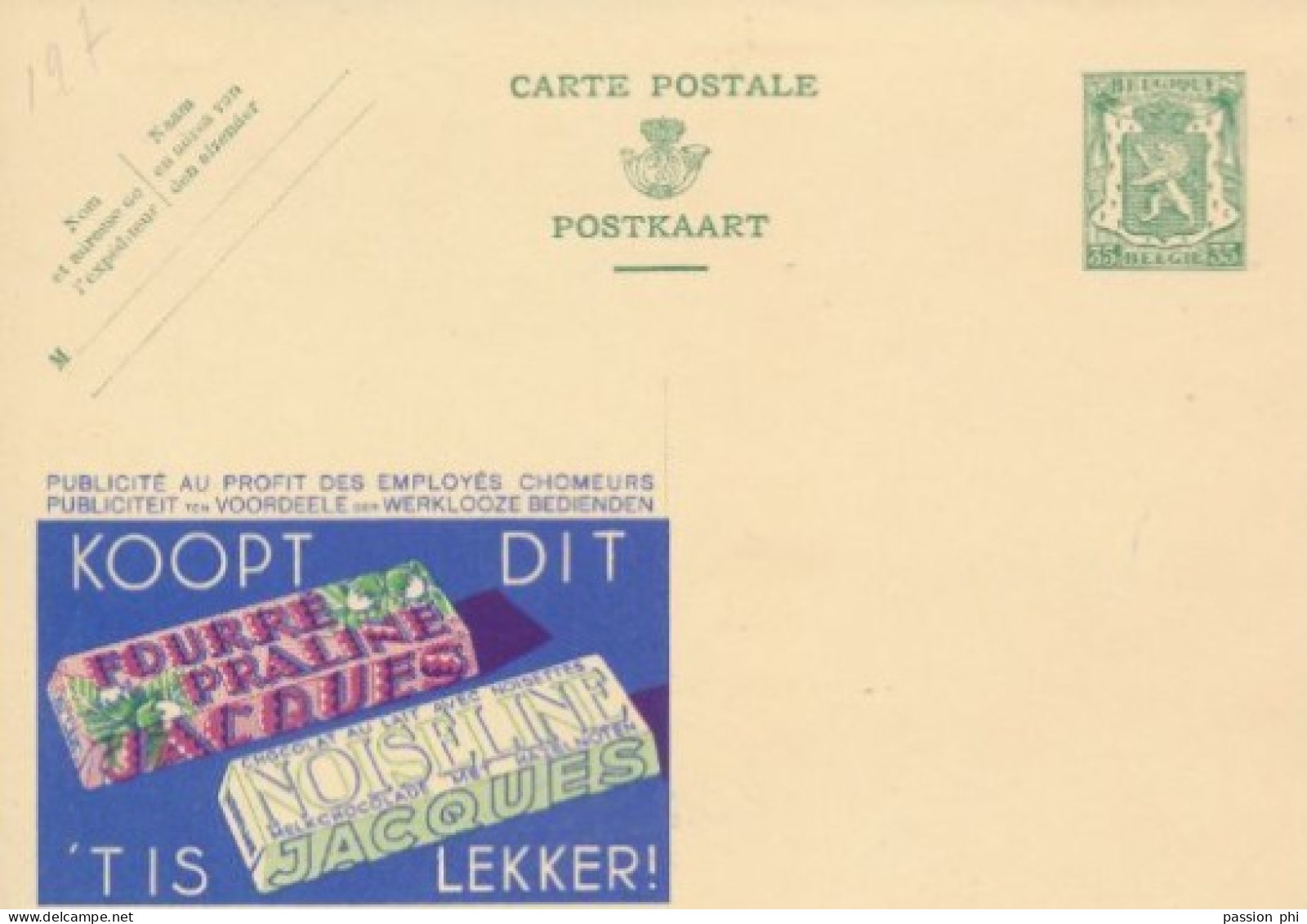 BELGIUM PPS 30C GREEN "SCEAU D'ETAT" SBEP 5 PUBLIBEL 197 CHOCOLAT JACQUES NL UNUSED - Publibels