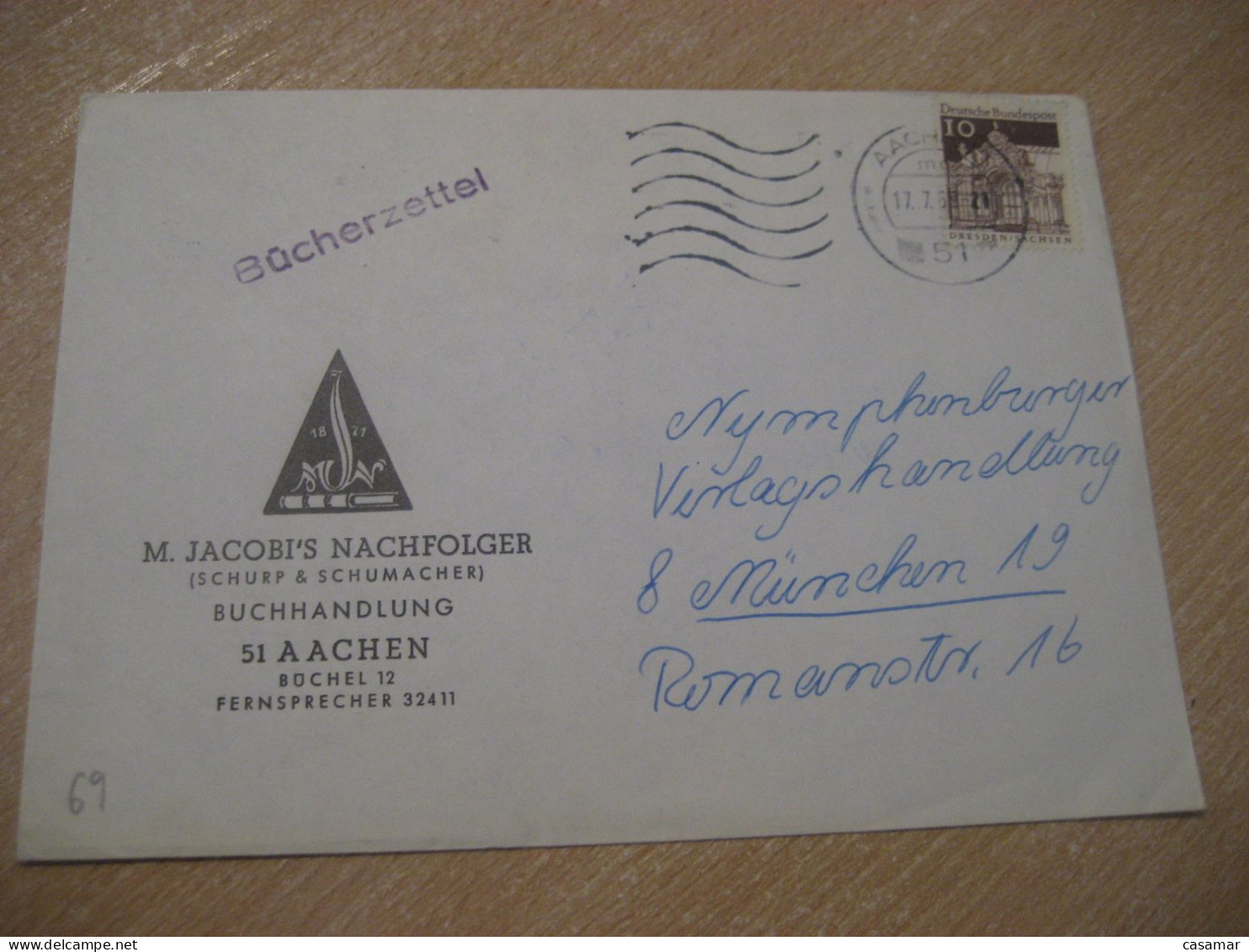 AACHEN 1969 To Munchen Cancel JACOBI Bookstore Bookshop Cover GERMANY - Briefe U. Dokumente