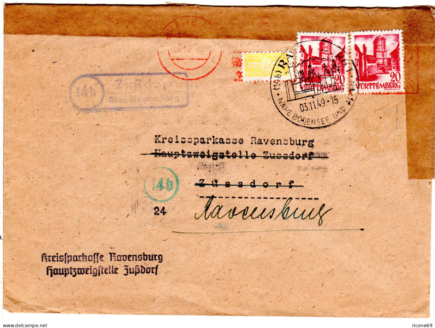 1949, Landpost Stpl. 14b ZUSSDORF über Ravensburg Auf Brief M. 2x20 Pf. - Württemberg