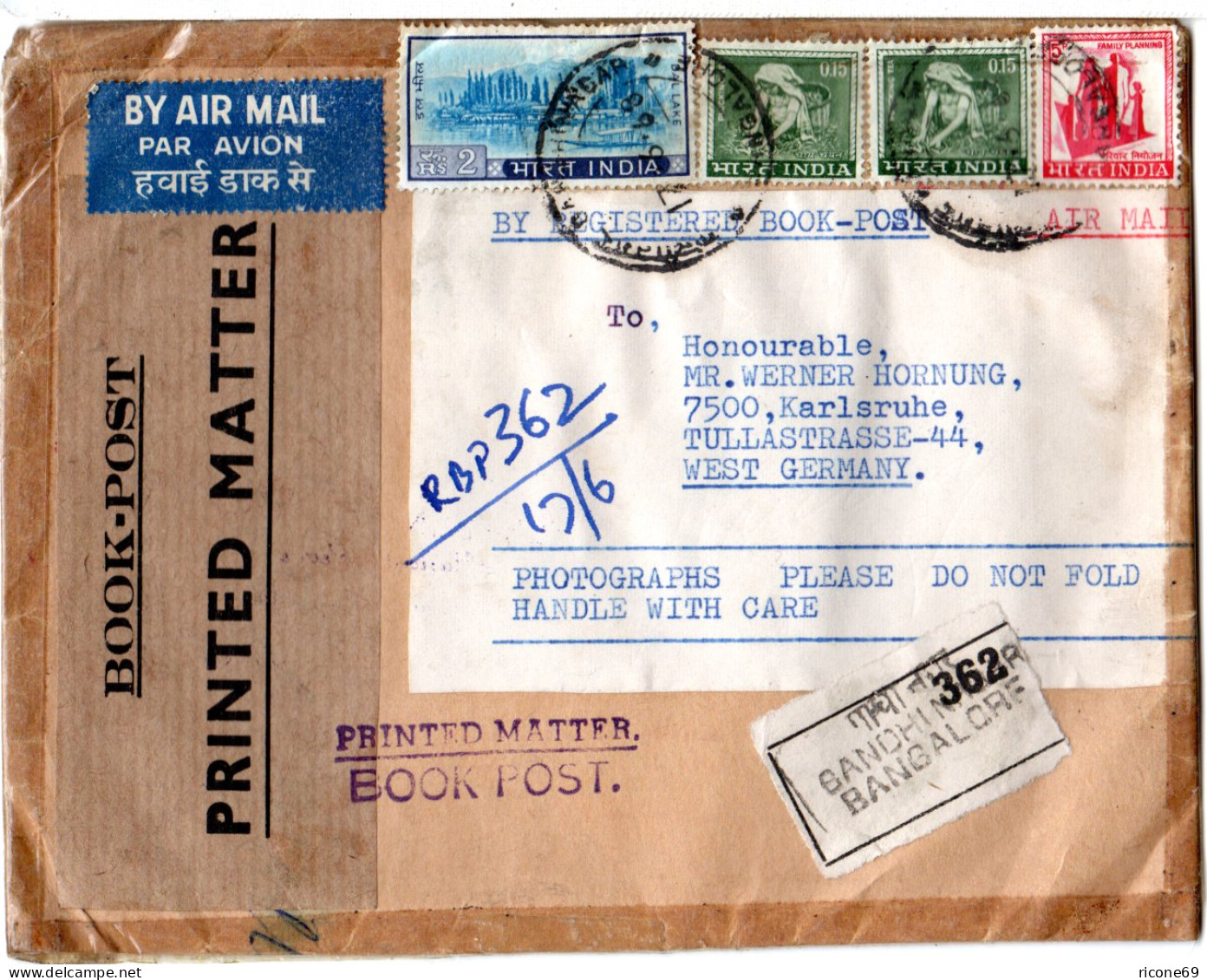 Indien 1968, 4 Marken Auf Reko Book Post Per Luftpost V. Bandhinagar I.d. BRD - Altri & Non Classificati