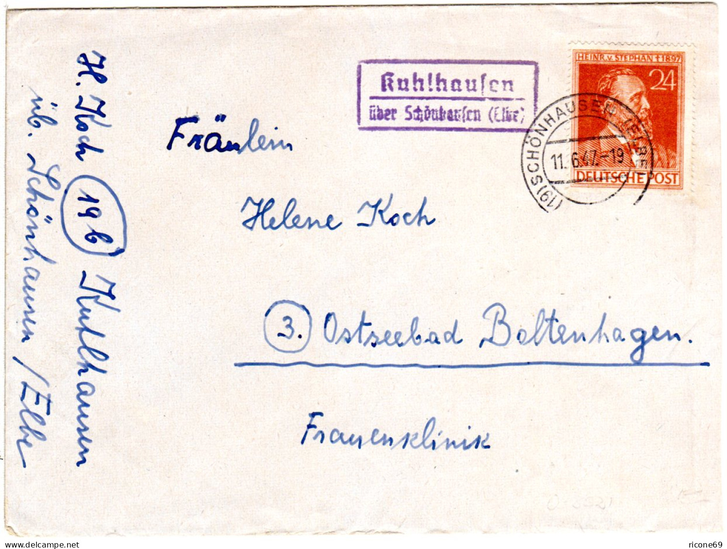 1947, Landpost Stempel KUHLHAUSEN über Schoenhausen Auf Brief M. 24 Pf. - Covers & Documents