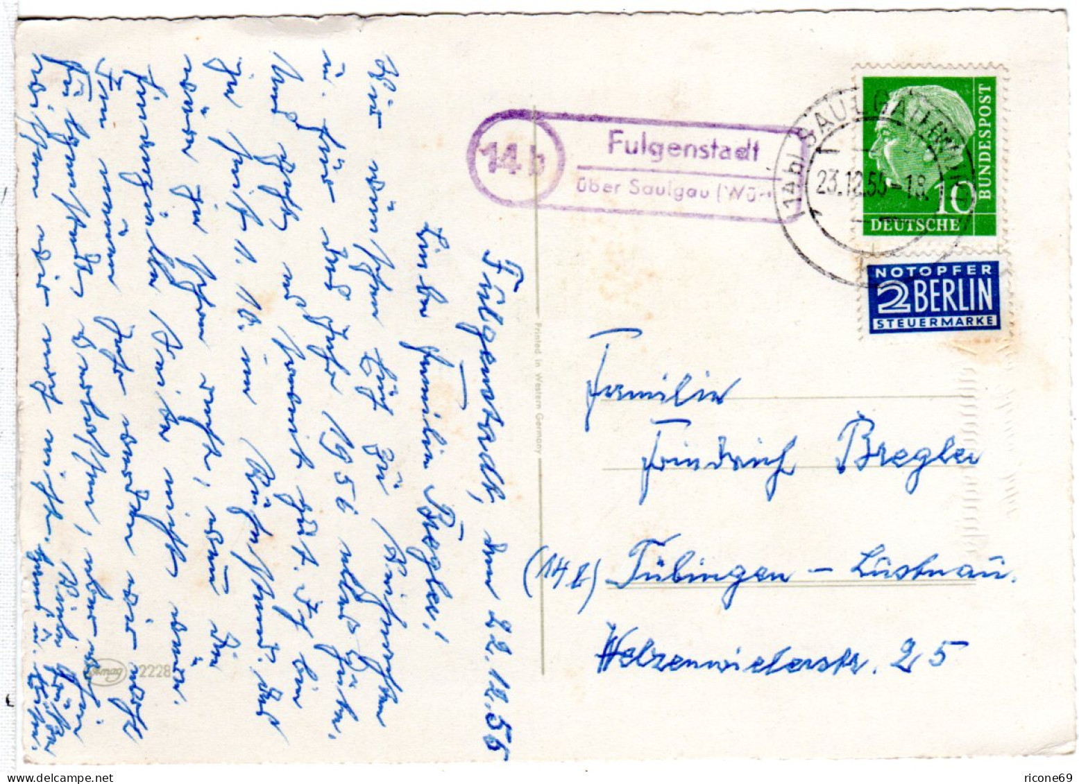 BRD 1955, Landpost Stempel 14b FULGENSTADT über Saulgau Auf Karte M. 10 Pf.  - Sammlungen