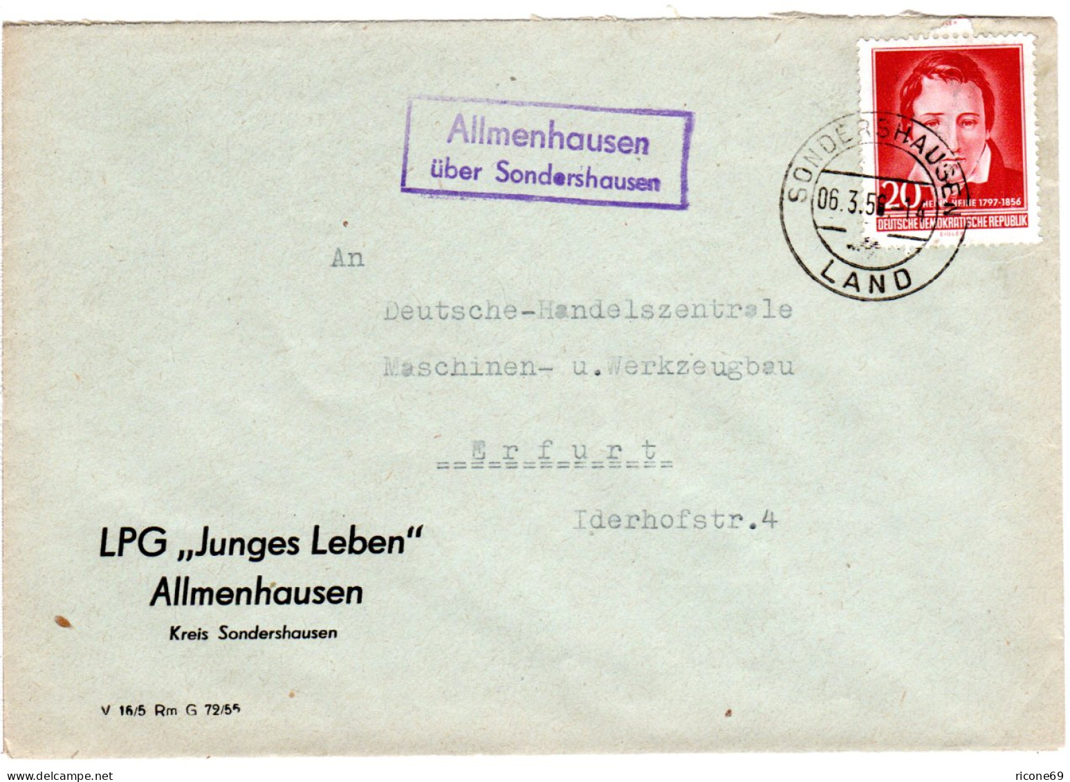 DDR 1956, Landpost Stpl. ALLMENHAUSEN über Sondershausen Auf LPG Brief M. 20 Pf. - Briefe U. Dokumente