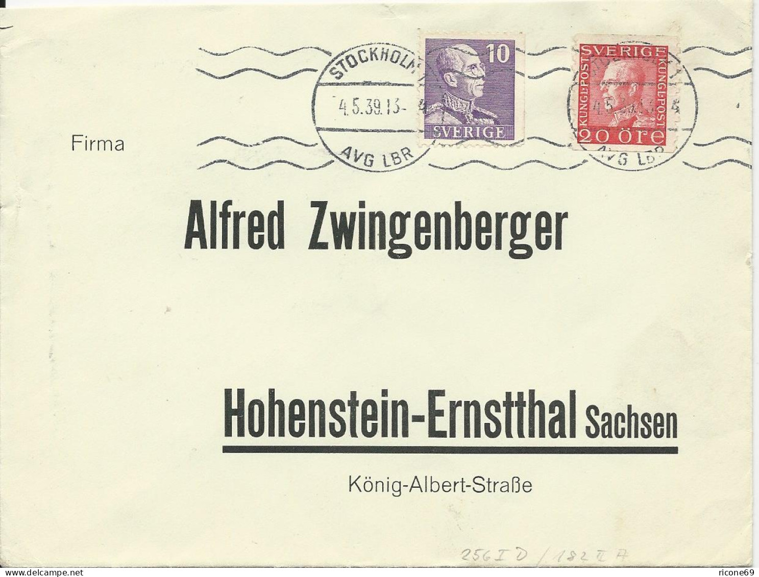 Schweden 1939, 3seitig Gez.10 öre + 20 ö. Auf Brief V. Stockholm N. Deutschland. - Other & Unclassified