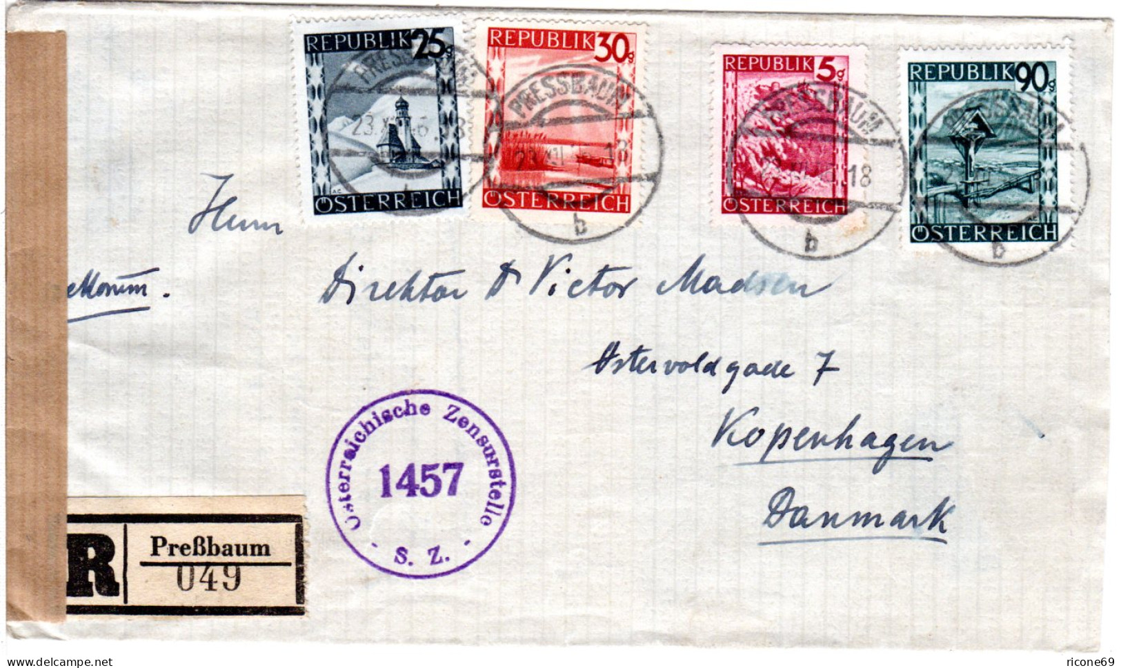 Österreich 1946, 4 Marken Auf Einschreiben Zensur Brief V. Preßbaum N. Dänemark - Briefe U. Dokumente