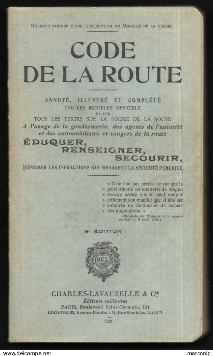 CODE De La ROUTE 1929 - A L'USAGE De La GENDARMERIE - 9e Edition, Charles-Lavauzelle & Cie - Auto