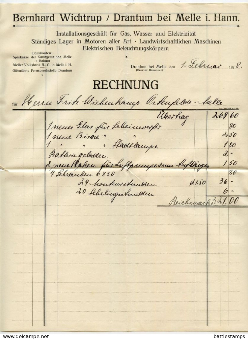 Germany 1928 Cover & Invoices; Melle - Bernhard Wichtrup, Gas, Wasser und Elektrizität; 15pf. Immanuel Kant