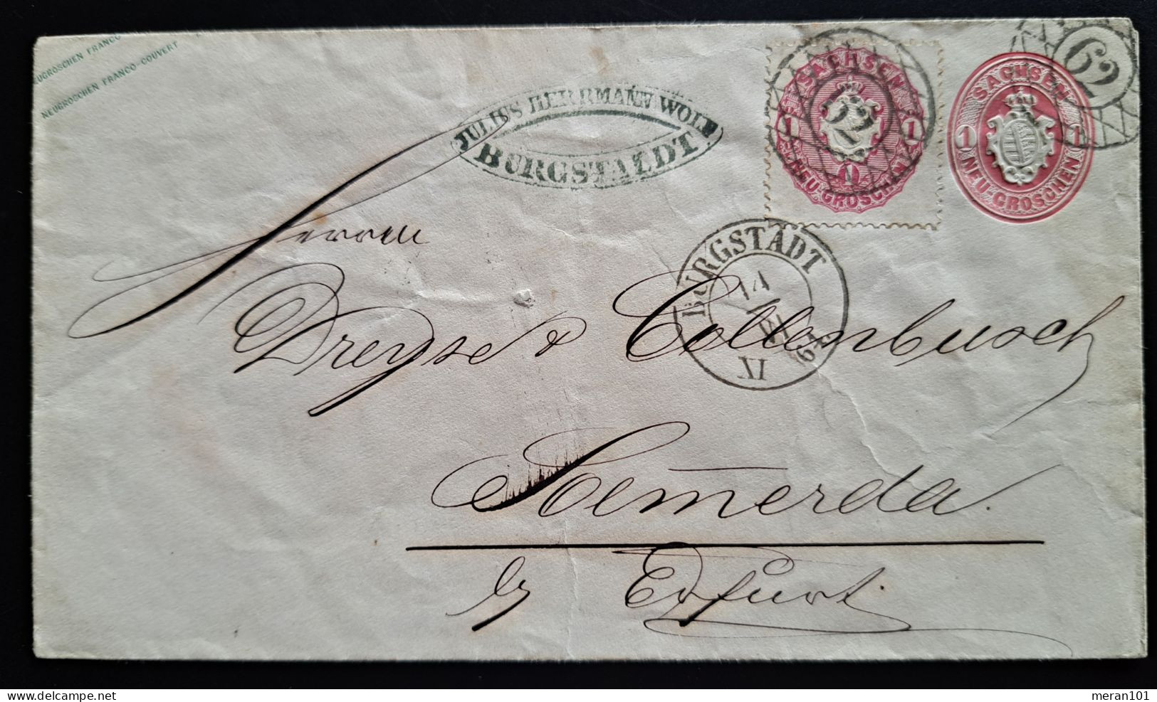 Sachsen 1864, Umschlag BURGSTADT 14/VI/64 Nummerngitterstempel 62 Zusatzfrankatur - Saxe