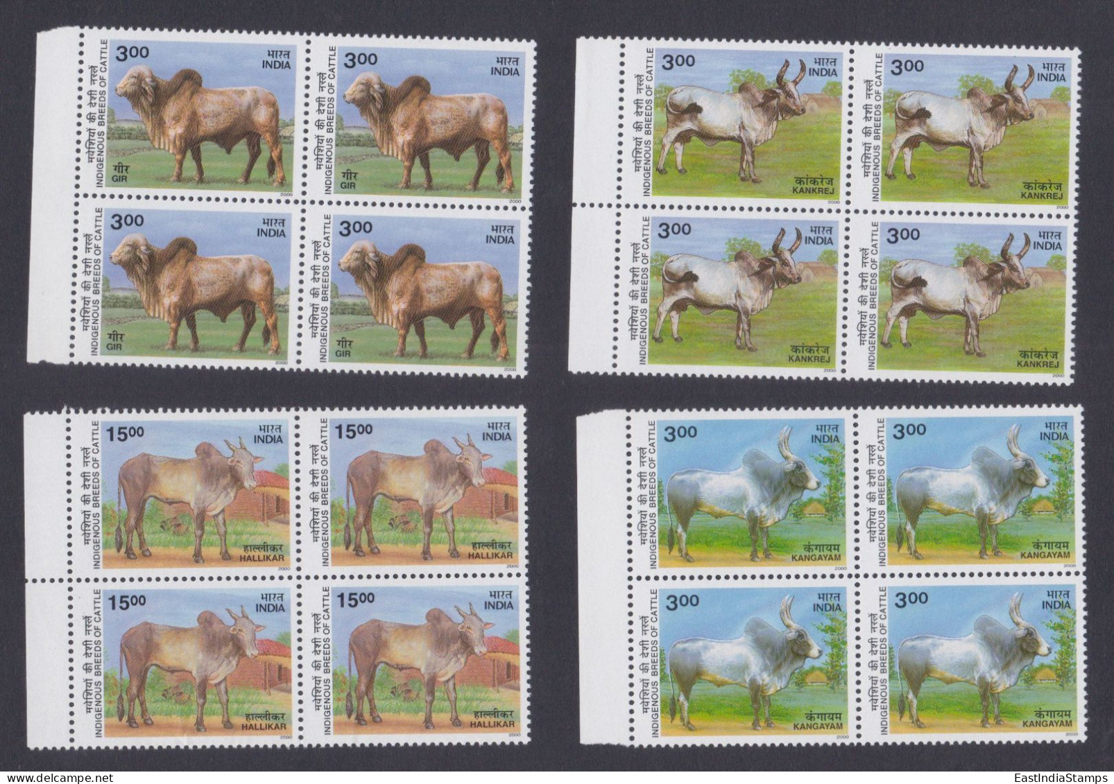 Inde India 2000 MNH Indigenous Breeds Of Cattle, Cattles, Gir, Kankrej, Hallikar, Kangayam, Cow, Block - Unused Stamps