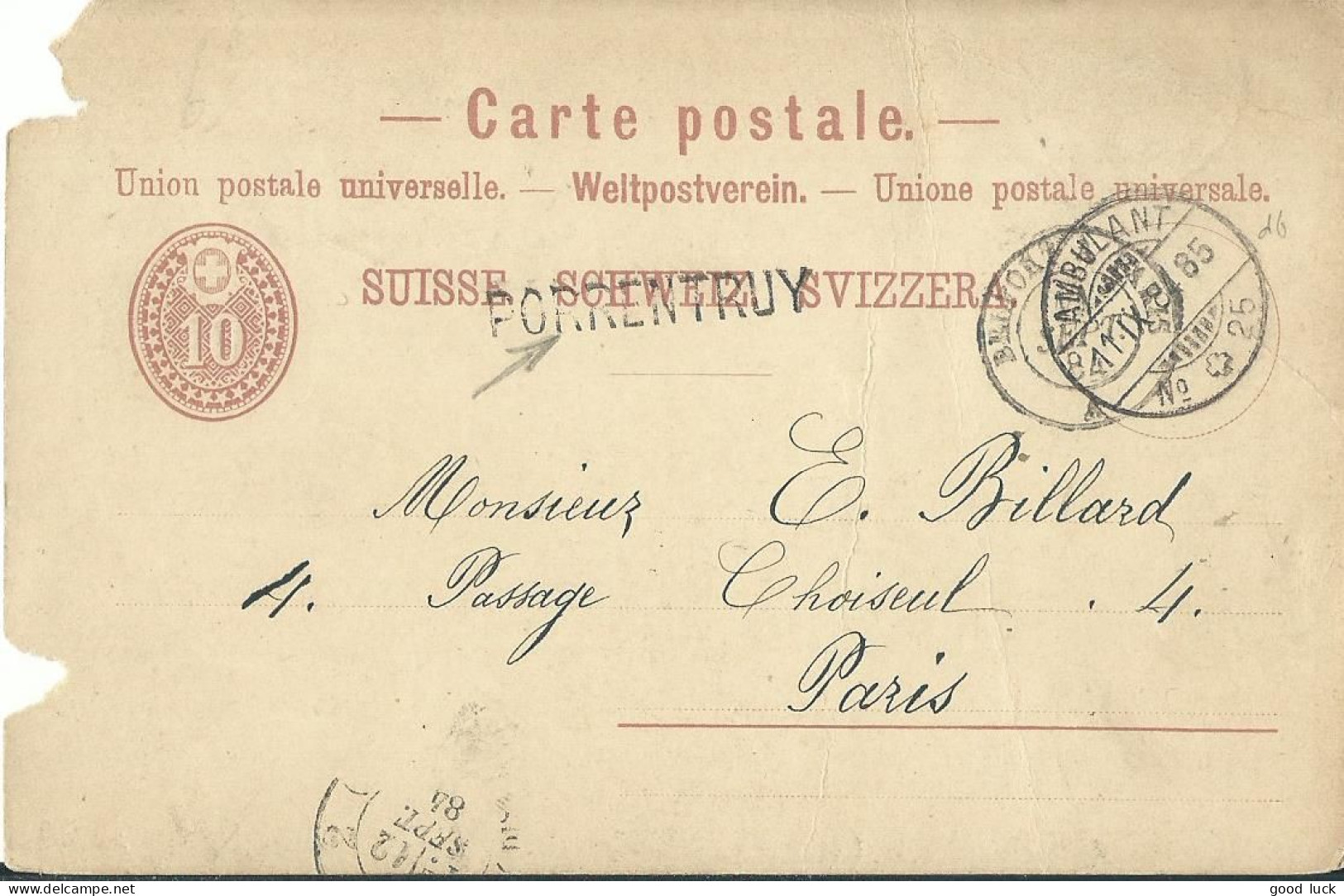 SUISSE  CARTE 10c MARQUE LINEAIRE PORRENTRUY + AMBULANT N°25  POUR PARIS DE 1884 LETTRE COVER - Covers & Documents