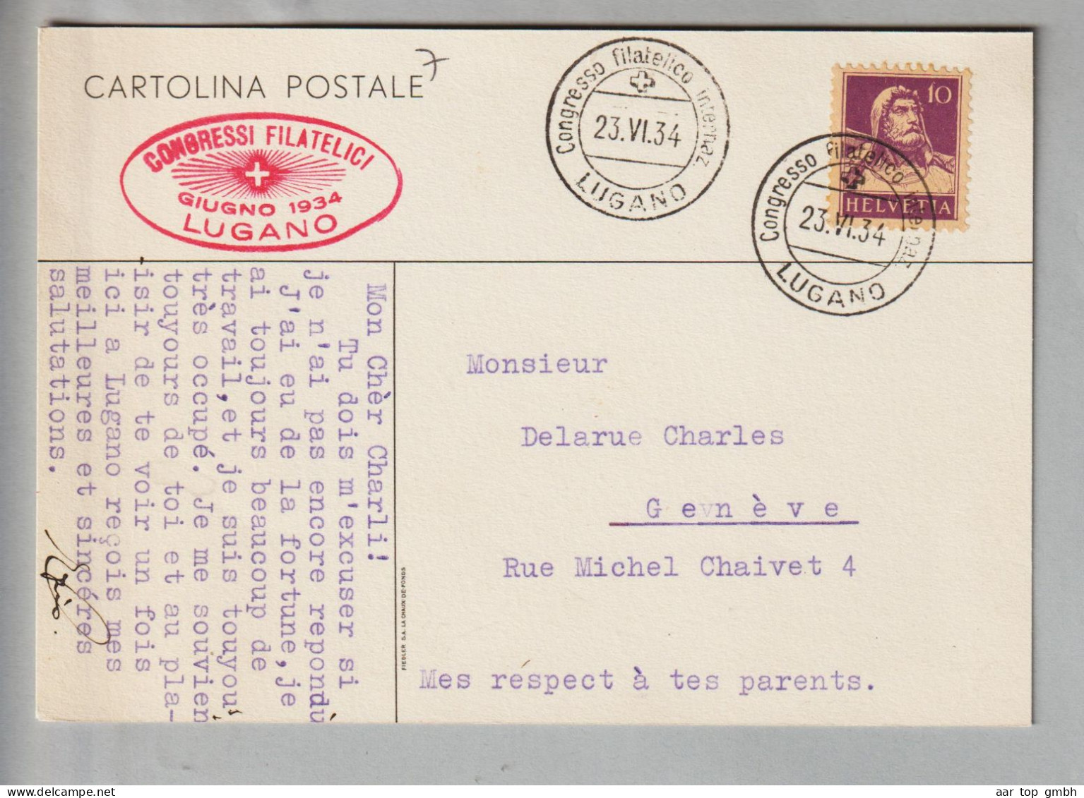 CH Heimat TI Lugano 1934-06-23 Roter Strahlenstempel "Congressi Filatelici" Auf Ansichtskarte - Lettres & Documents