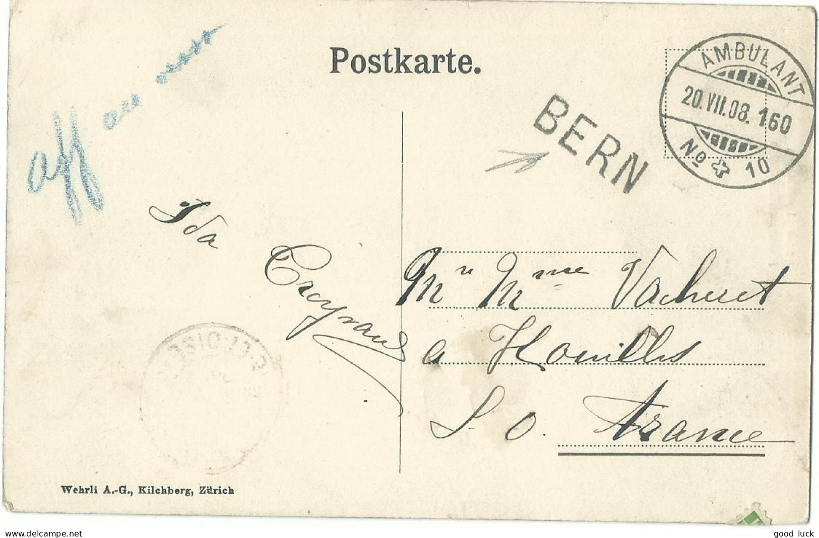 SUISSE  CARTE 5c MARQUE LINEAIRE BERN  + AMBULANT N°10  POUR HOUILLES ( YVELINES )  DE 1908 LETTRE COVER - Lettres & Documents