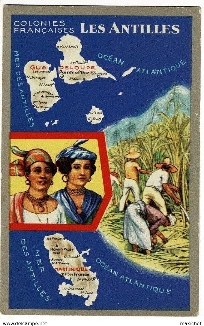 Carte Illustrée Publicitaire 'Lion Noir" Colonies Françaises "Les Antilles" Dos Non Cp, Texte Historique - Landkarten