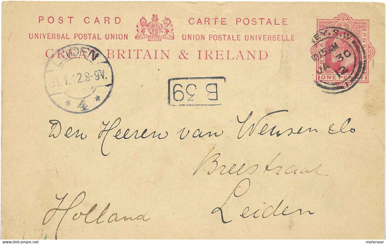 Postzegels > Europa > Groot-Brittannië > 1902-1951 Koningen > 1911-1935 George V >briefkaart Gebruikt  Uit 1912 (17463) - Lettres & Documents
