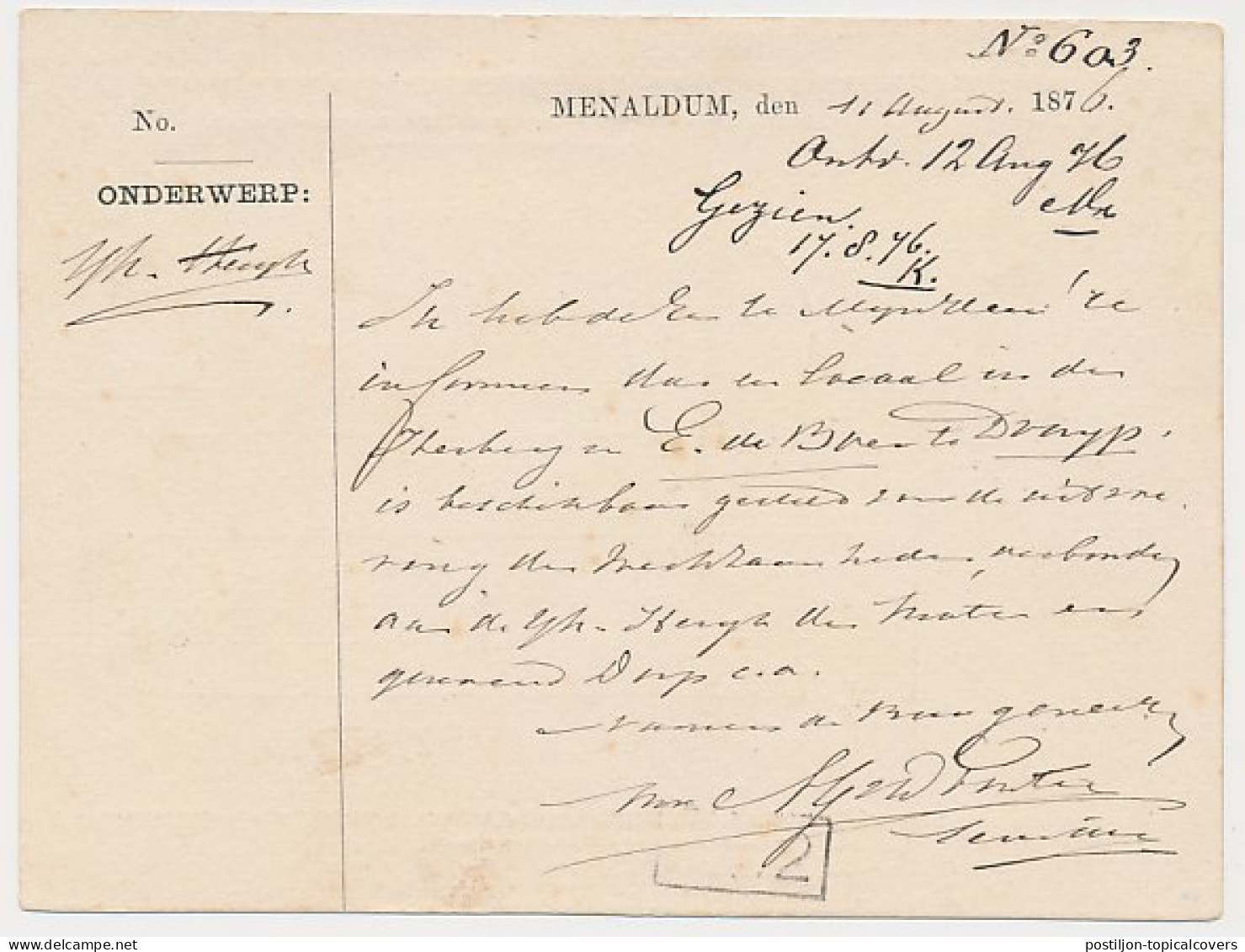 Menaldum - Trein Takjestempel Harlingen - Winschoten 1876 - Storia Postale