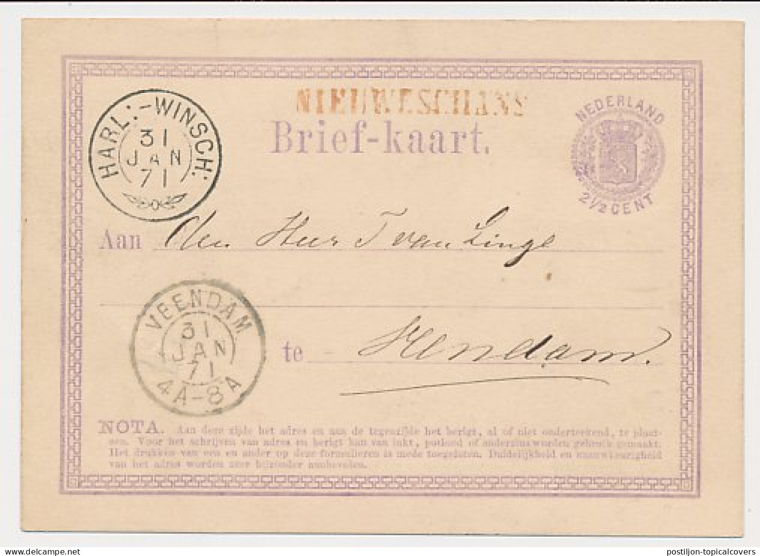 Nieuweschans - Trein Takjestempel Harlingen - Winschoten 1871 - Storia Postale